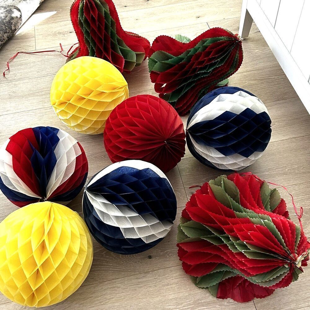 Vintage Honeycomb Decorations Set of 9 Bells Balls Ornament Hanging Party Retro